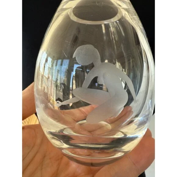 MCM Holmegaard Hellas Clear Vase Per Lütken Etched Susanne kneeling nude